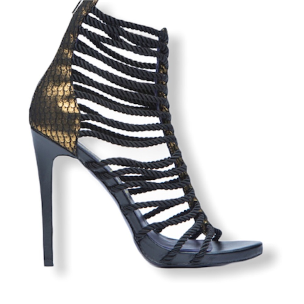 Perdita London Trash Perdita Strappy Sandals Heels Black Gold Dressy NWT